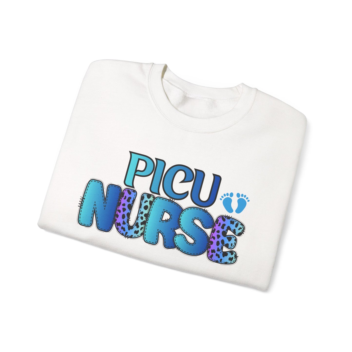 PICU Nurse Crewneck Sweatshirt — Neon Blue Pediatric ICU Nurse Gift