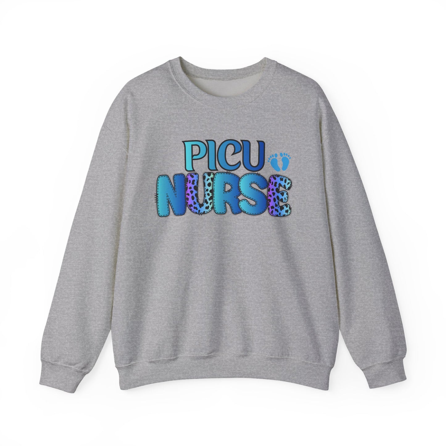 PICU Nurse Crewneck Sweatshirt — Neon Blue Pediatric ICU Nurse Gift