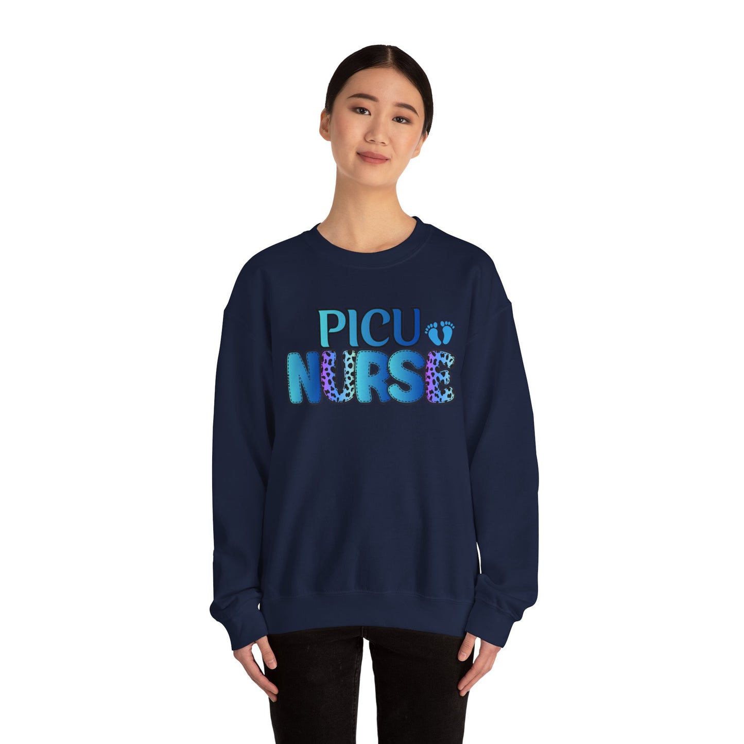 PICU Nurse Crewneck Sweatshirt — Neon Blue Pediatric ICU Nurse Gift