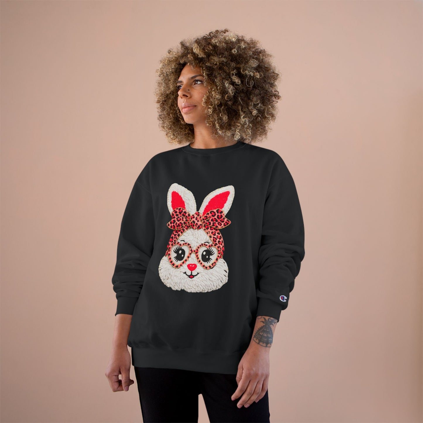 Bunny Face Crewneck Sweatshirt — Leopard Bow & Glasses Cute Easter Pullover