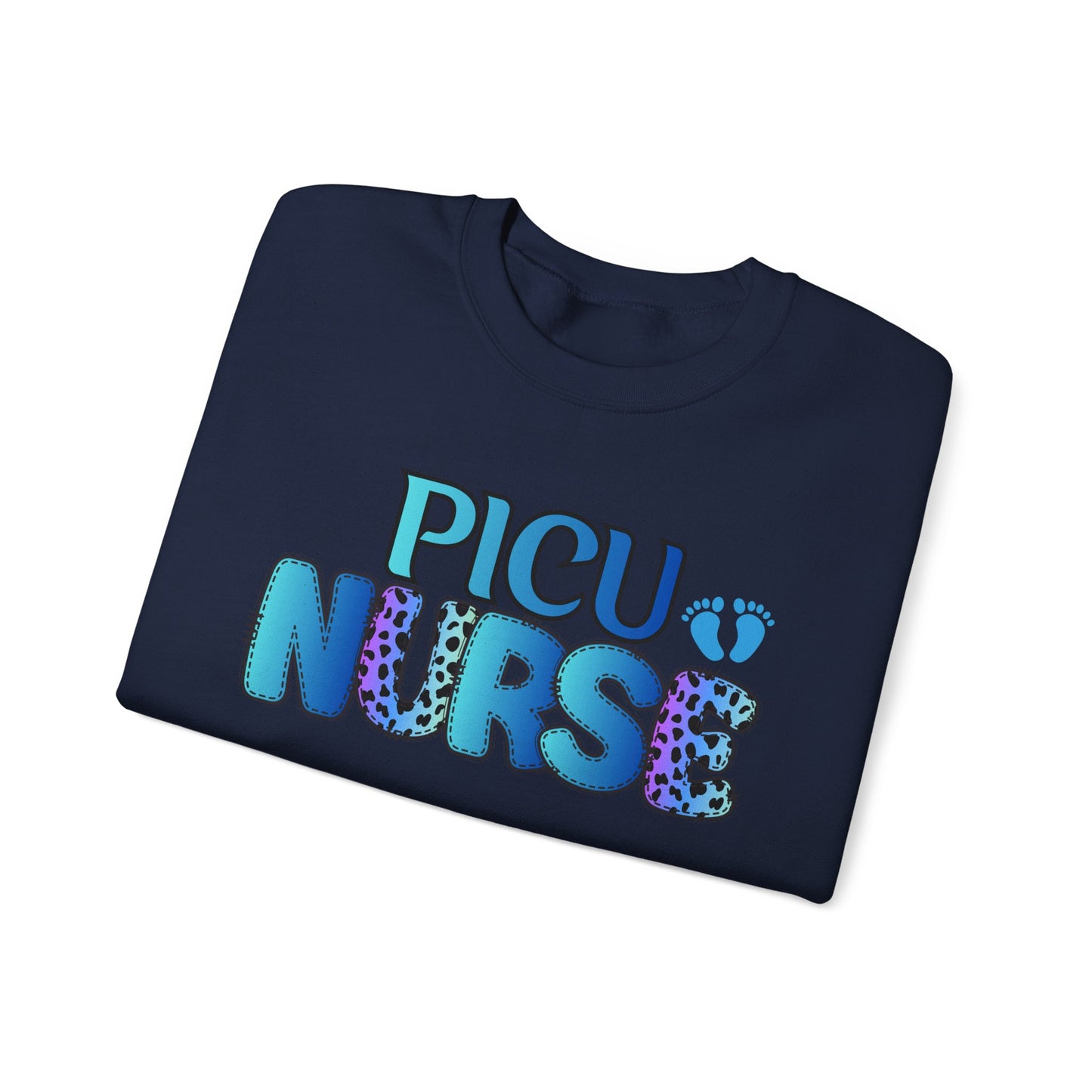 PICU Nurse Crewneck Sweatshirt — Neon Blue Pediatric ICU Nurse Gift