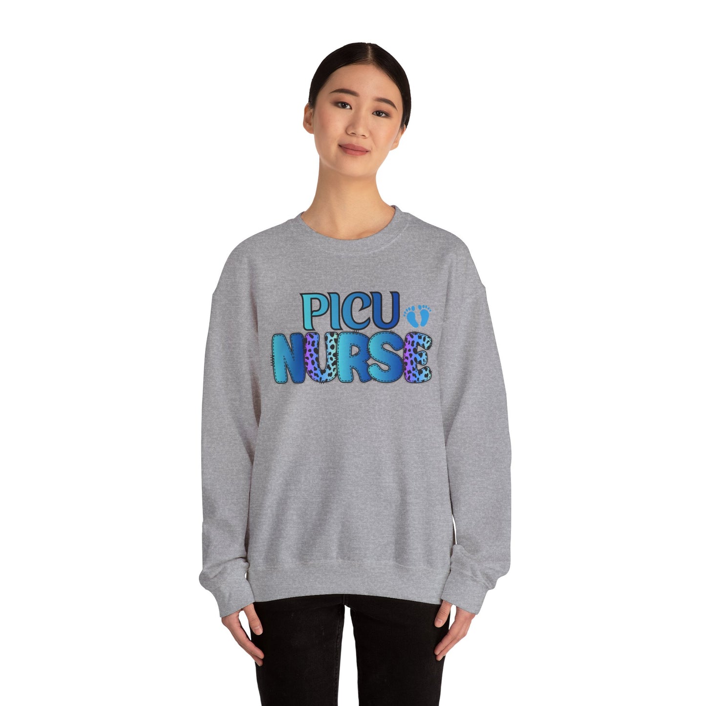 PICU Nurse Crewneck Sweatshirt — Neon Blue Pediatric ICU Nurse Gift