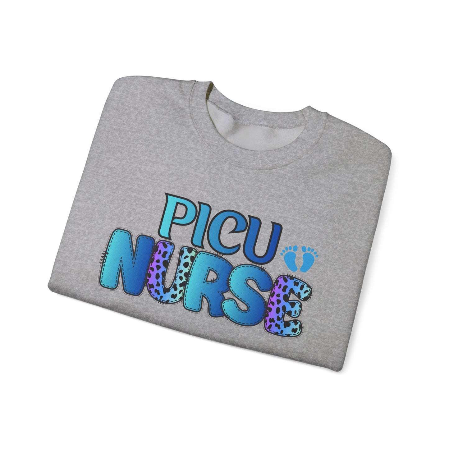 PICU Nurse Crewneck Sweatshirt — Neon Blue Pediatric ICU Nurse Gift