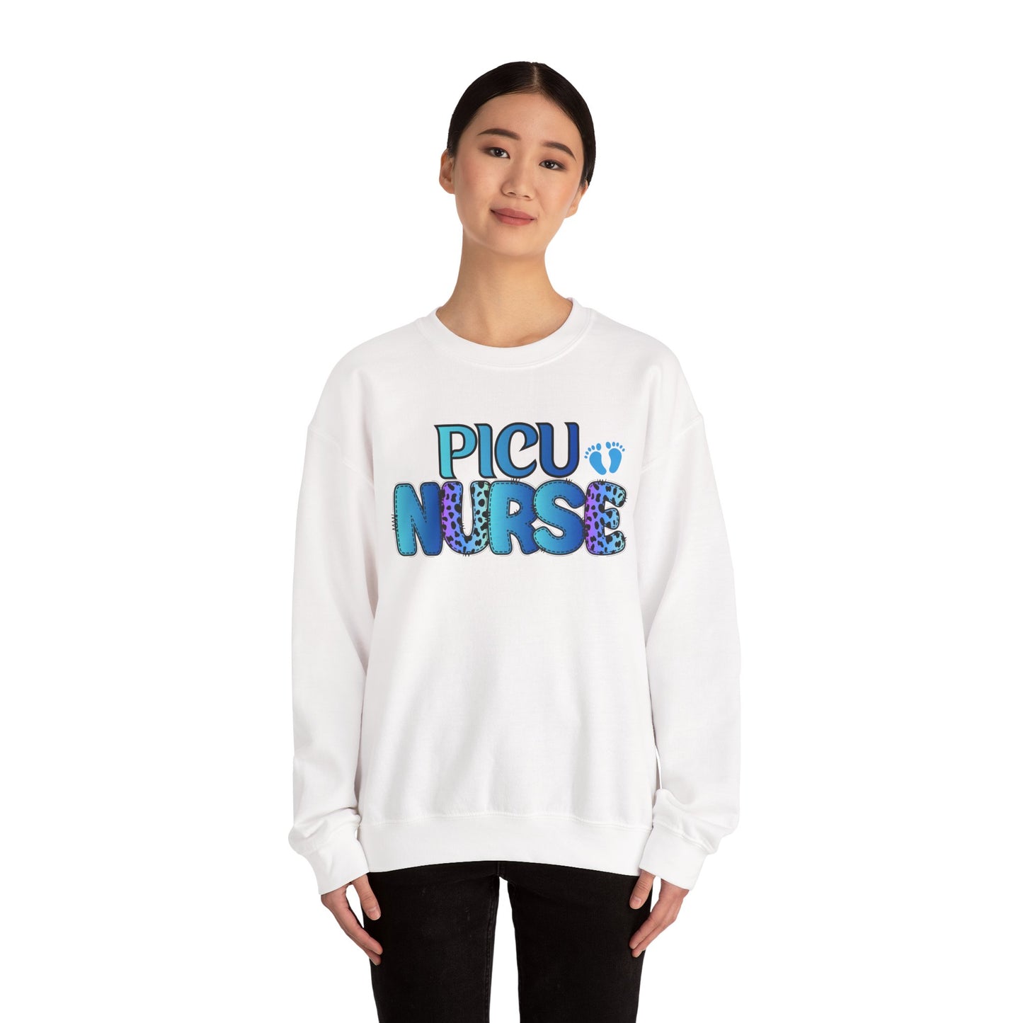 PICU Nurse Crewneck Sweatshirt — Neon Blue Pediatric ICU Nurse Gift