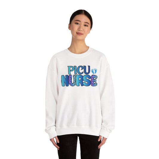 PICU Nurse Crewneck Sweatshirt — Neon Blue Pediatric ICU Nurse Gift